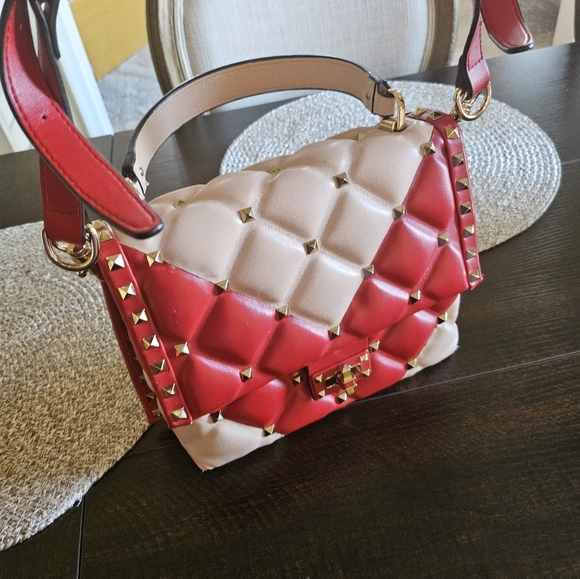 Top Handle Studded Stud Structured Handbag Bag Pink Red Two Tone - Picture 12 of 16